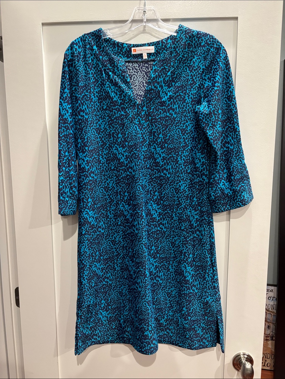 Jude Connally Teal and Black Animal-Print V-Neck Midi Dress